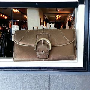 COACH Soft Leather Wallet Bronze Gold  W Buckle Accent Trifold Long  8”x 4”